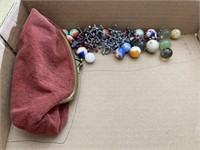 Marbles, bag, & sets of metal jacks