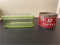 Refrigerator green dish, A&P coffee tin