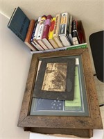 2 flats old picture frames & box of books
