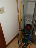 BROOMS, MISC GLASSWARE, PAINTING ITEMS