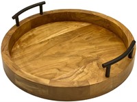 Teak Wood Tray, Round with Curved Metal Handles