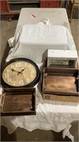 Clock, wooden crates