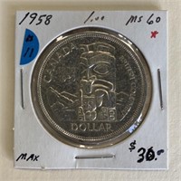 1958  Canada Silver Dollar MS60