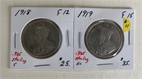 Pair 1918-19 Sterling Canada 50 Cent Pieces