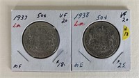 Pair 1937-38 Sterling Canada 50 Cent Pieces