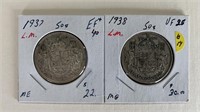 Pair 1937-38 Sterling Canada 50 Cent Pieces