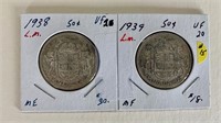 Pair 1938-39 Sterling Canada 50 Cent Pieces
