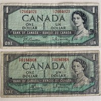 (2) 1954 Bank of Canada 1 Dollar Notes