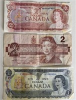 (2) Bank of Canada 2 Dollar and (1) 1 Dollar Note