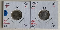 1901 and 1907 .925 Sterling Canada 5 Cent Pieces