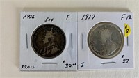 Pair 1916-17 Sterling Canada 50 Cent Pieces