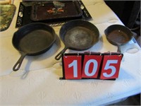 3 CAST IRON PANS NO 8 10 5/8 INCH, 8,  6 3/8
