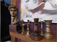 PLASTER HEAD, WOOD & BRASS CANDLE HOLDERS