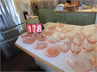 GROUP OF PINK DEPRESSION TEA CUPS, AND SAUCERS