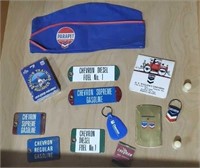 Chevron Gasoline tags, ad cap, memorabilia