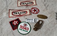 Texaco patches, padlock with key, metal tags