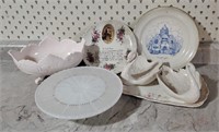 French Limoge plate, cake riser, pink milk glass