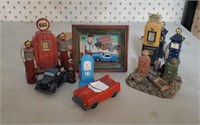 Tote of automotive decor, shakers, ornaments,
