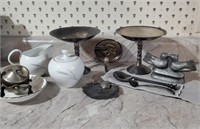 Silver, pewter lot
 of dishes, spoons, mold, reel