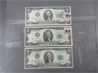 (3) 1976 Series $2 Bills w/ 2 USPS Stamped
