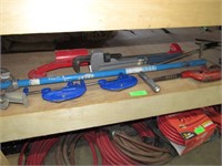 LOT OF PIPE TOOLS; PIPE CUTTER, PIPE WRENCH, CONDU