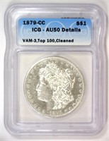 1879-CC Morgan Silver $1 CC over CC ICG AU50 det.