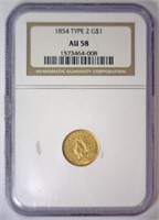1854 $1 Princess Head Ty 2 Gold Dollar NGC AU58