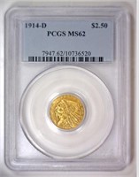 1914-D $2.5 Indian Gold Quarter Eagle PCGS MS62
