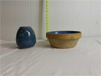 LARGE BLUE CROCK BOWL & POTTERY BLUE VASE