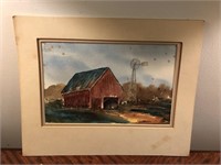 Barn & Windmill Watercolor Painting by R. Garrison