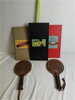 2 PADDLE BALL RACKETS, ASSTD GAME BOARDS