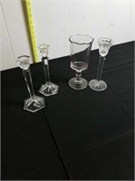 ANTIQUE GLASS SPOON HOLDER & CANDLE STICKS