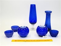(2) Fenton blue & white rose bowls, (1) is