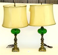 Pair of vintage green crackle glass lamps w/metal