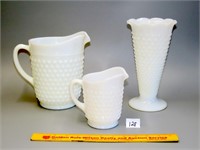 Vintage milk glass pitchers & vase (chip in lip