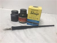 Antique Fountain Pen & 3 Bottles of Ink