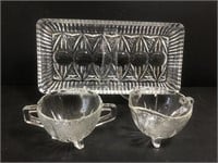 Glass serving plate, sugar and creamer bowls.