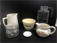 Various vintage kitchen items, pitchers, milk pot