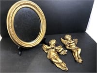 Golden Chalkware Cherub Angels & a mirror. One