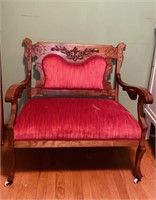 Antique Settle bench, red velvet upholstery