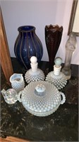 Vanity glass lot, includes iridescent hobnail