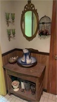 Antique oak washstand, with a blue and white