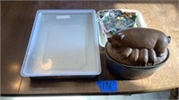 11x15” sheet pan, 2 qt pottery, and Christmas