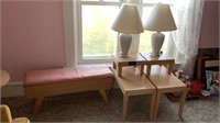 Blonde wood side tables with matching bench and 2