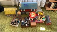 Vintage toy metal playhouse, barn and silo, play