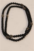 17in. BLACK ONYX & CRYSTAL BEADED NECKLACE