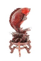 13" Chinese Red Resin Feng Shui Fish  Figurine