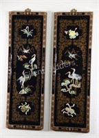 Set 3D, 2 Asian Black Lacquer Mother of Pearl Art