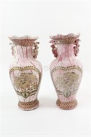 Asian Hand Painted Pottery Vases w Embossing