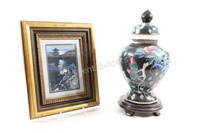 Painted Ceramic Lidded Vase & Framed Artwork